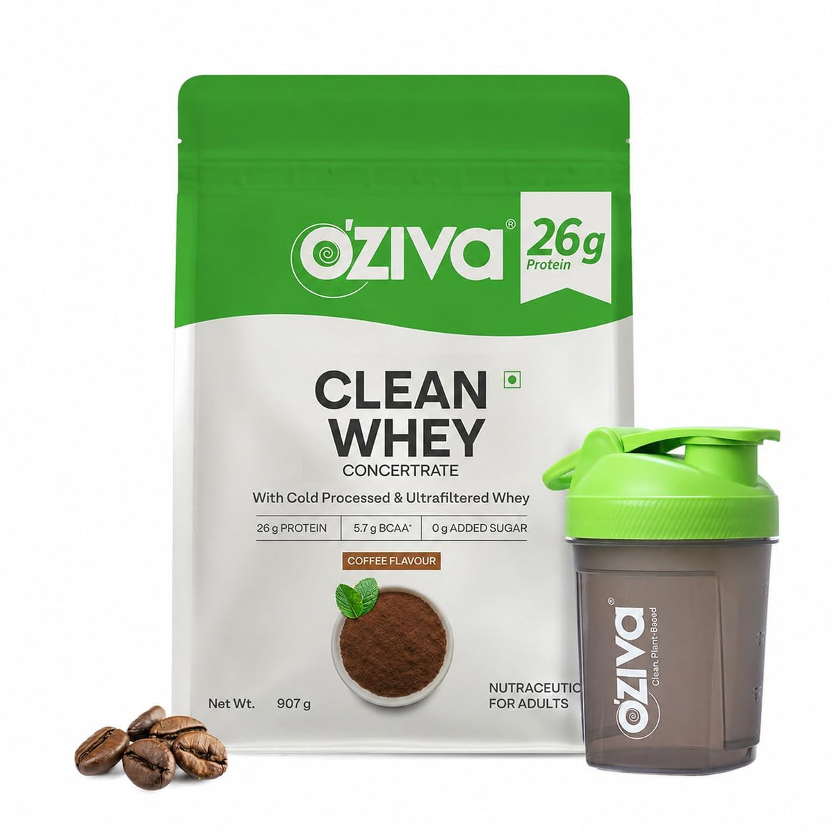 OZiva Clean Whey Concentrate Protein Powder (Coffee) - 2lbs/907g | 26g Protein Per Scoop | Microfiltered, Ultrafiltered, 100% Cold-Processed | Muscle recovery,