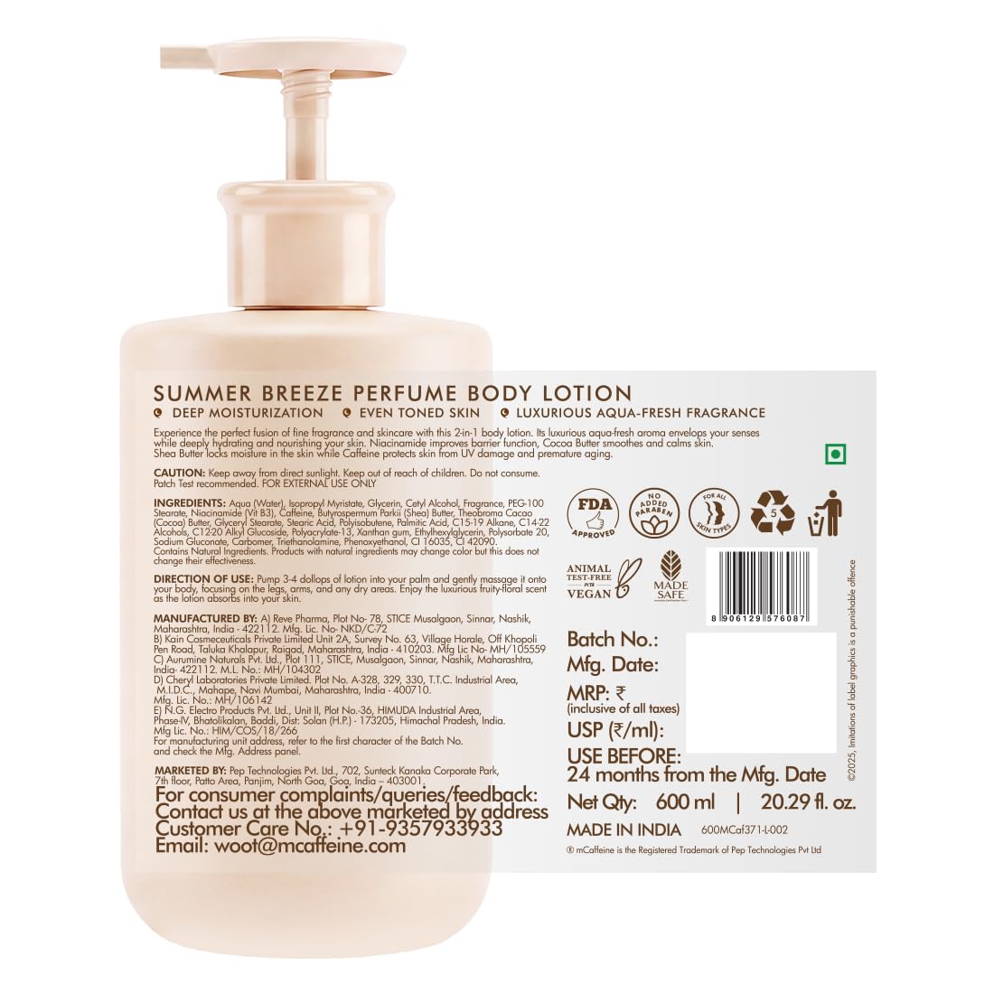 mCaffeine Summer Breeze Perfume Body Lotion 600ml| Niacinamide, Cocoa & Shea Butter For Deep Moisturization | Lightweight, Non-Sticky & Daily Use | Aqua-Fresh B
