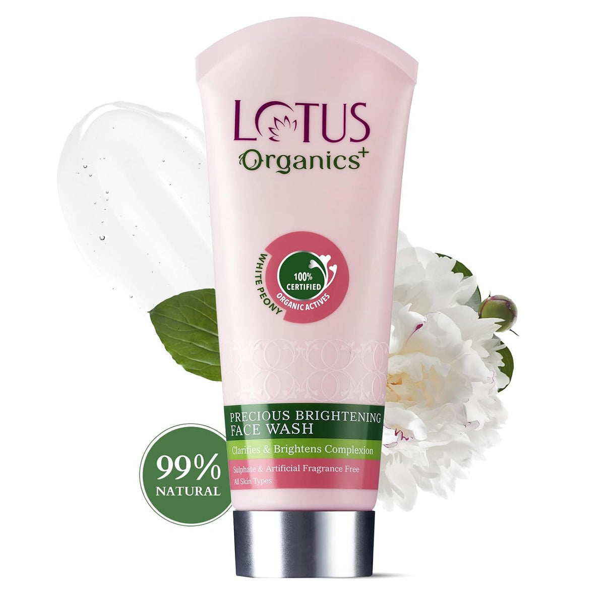 Lotus Organics+ Precious Brightening Face Wash | 100% Certified Organic White Peony Extract | Gentle Face Cleanser | Skin Refreshing Formula | 99% Natural | Sul