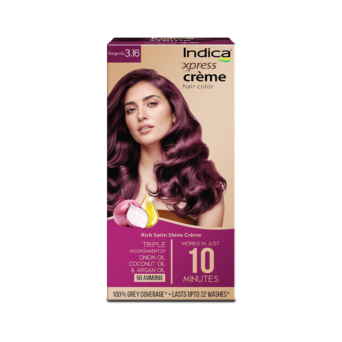Indica Xpress Crème Hair Color Burgundy 3.16 | 60g+75ml | 10min Color |No Ammonia|Onion, Coconut & Argan Oil |100% Grey Coverage | Lasts Up to 32 Washes|Gloves