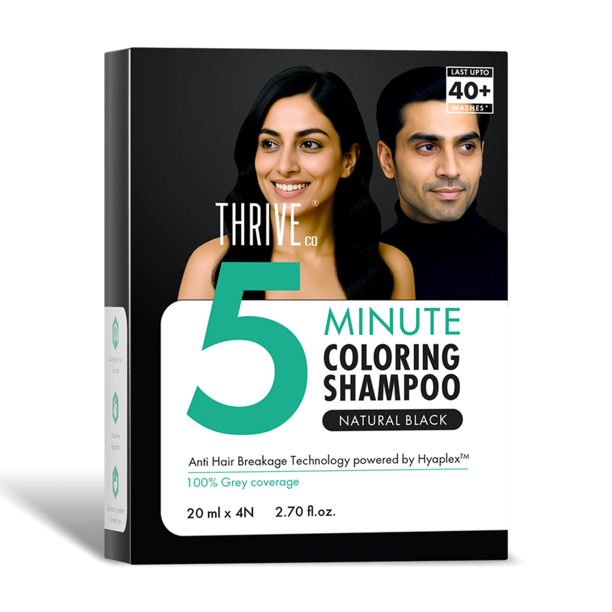 ThriveCo Hair Colour Shampoo, Natural Black | 5-Minute Instant Hair Dye Color Shampoo | 100% Coverage for Grey Hair | Ammonia-Free, Long Lasting | Glossy Finish