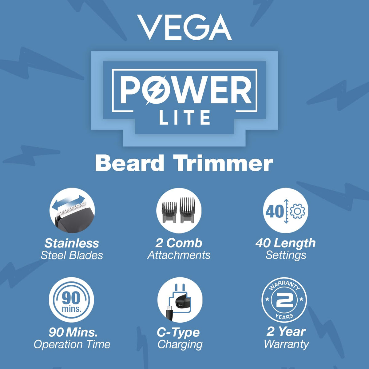 VEGA Power Lite Beard Trimmer for Men with Self-Sharpening Stainless Steel Blades, 40 Length Settings, 90 Min Runtime, 2 Comb Attachment, USB Type-C, Travel Loc