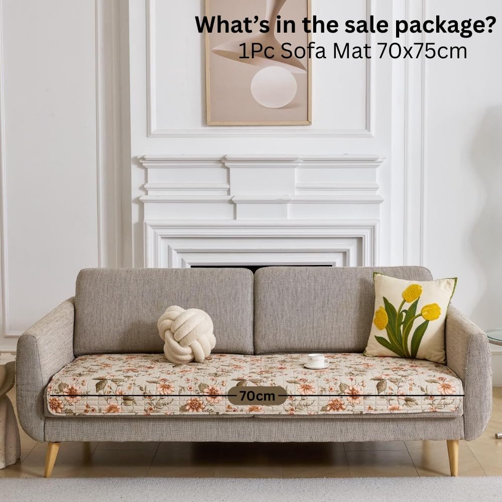 HOMETHREADS Anti-Skid Sofa Protector Mat: Premium Printed Cotton Slipcover with Strong PVC Non-Slip Backing (Beige, 2 Seater | 140x75cm) Beige 2 Seater | 140x75