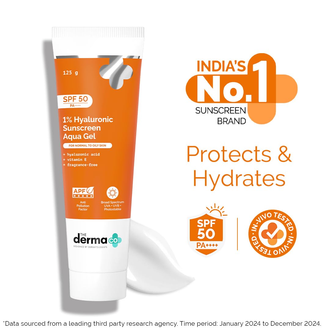 The Derma Co 1% Hyaluronic Sunscreen Aqua Gel SPF 50 PA++++ | Hydrating, Lightweight & Non-Greasy | No White Cast | Broad Spectrum & Blue Light Protection | Clinically Tested - (In-Vivo) | 125 g