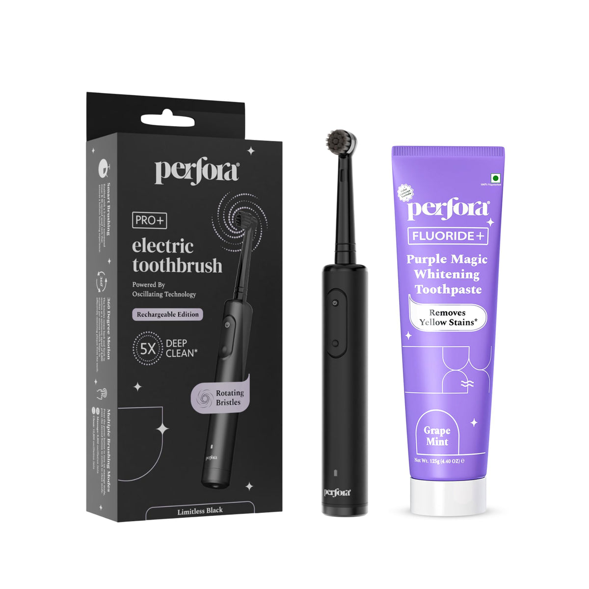 Perfora PRO Oscillating Electric Tooth Brush & Purple Whitening Toothpaste Oral Care Combo | 2 Years Warranty | Rechargeable Electric Toothbrush For Men & Women