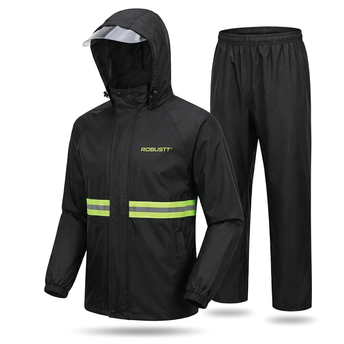 Robustt Oxford Rain Suit for Men and Women | Size-XL to XXL | Black | Rain Coat and Pants Set | Reflective Strips for Night Safety | Adjustable Hood, Waterproof