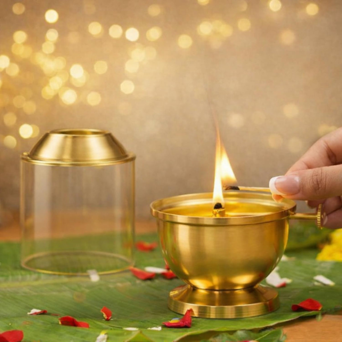 ServDharm Brass Akhand Diya with Adjustable Bati for Puja, Wick Adjustment Screw Knob and Borosilicate Glass Cover I Large, 250 ml Oil Capacity, Long Lasting 48