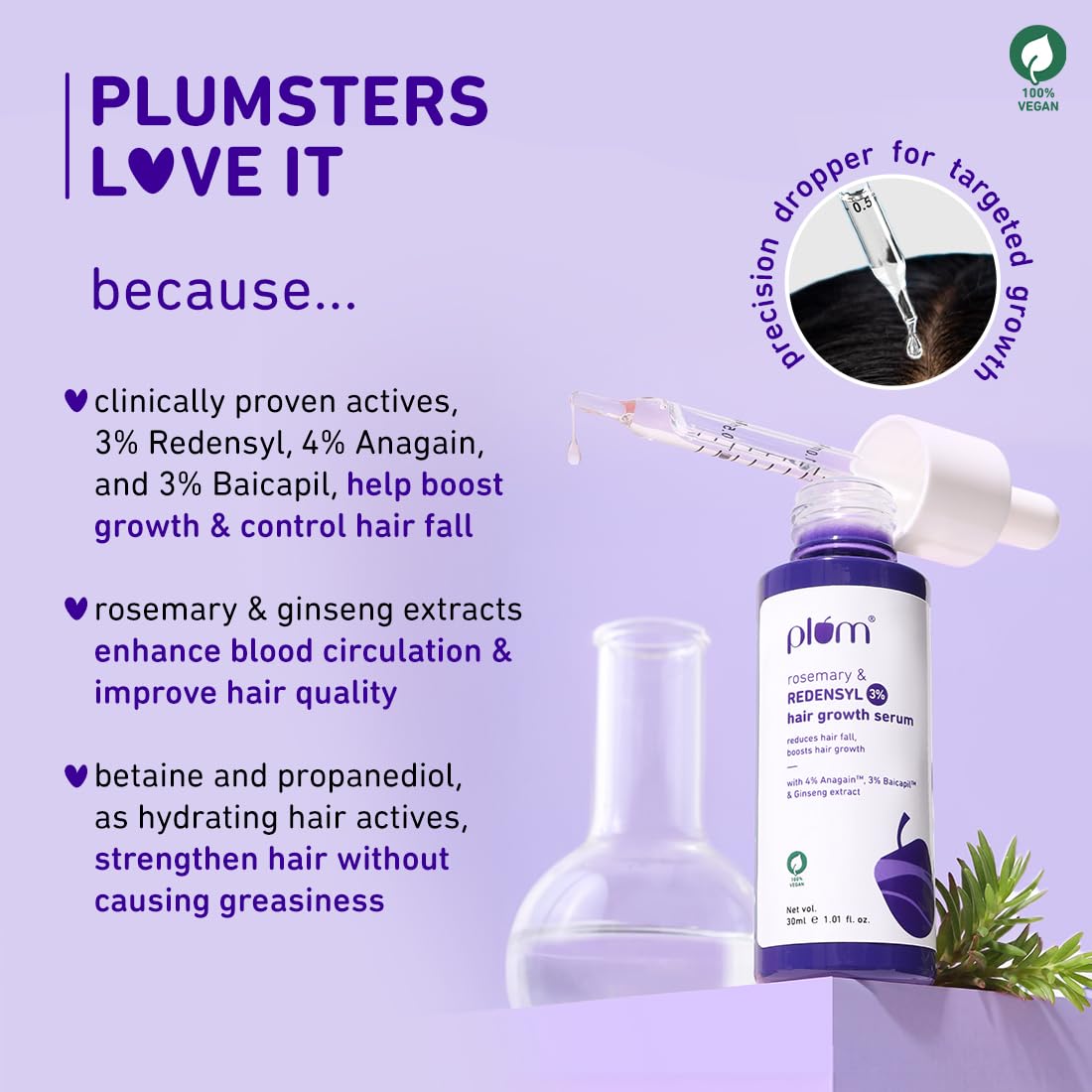 Plum Hair Growth Serum | 3% Redensyl + 4% Anagain + 3% Baicapil | Rosemary & Ginseng Extract | Anti-Hair Fall & Hair Density Booster | For Men & Women, Non-Grea