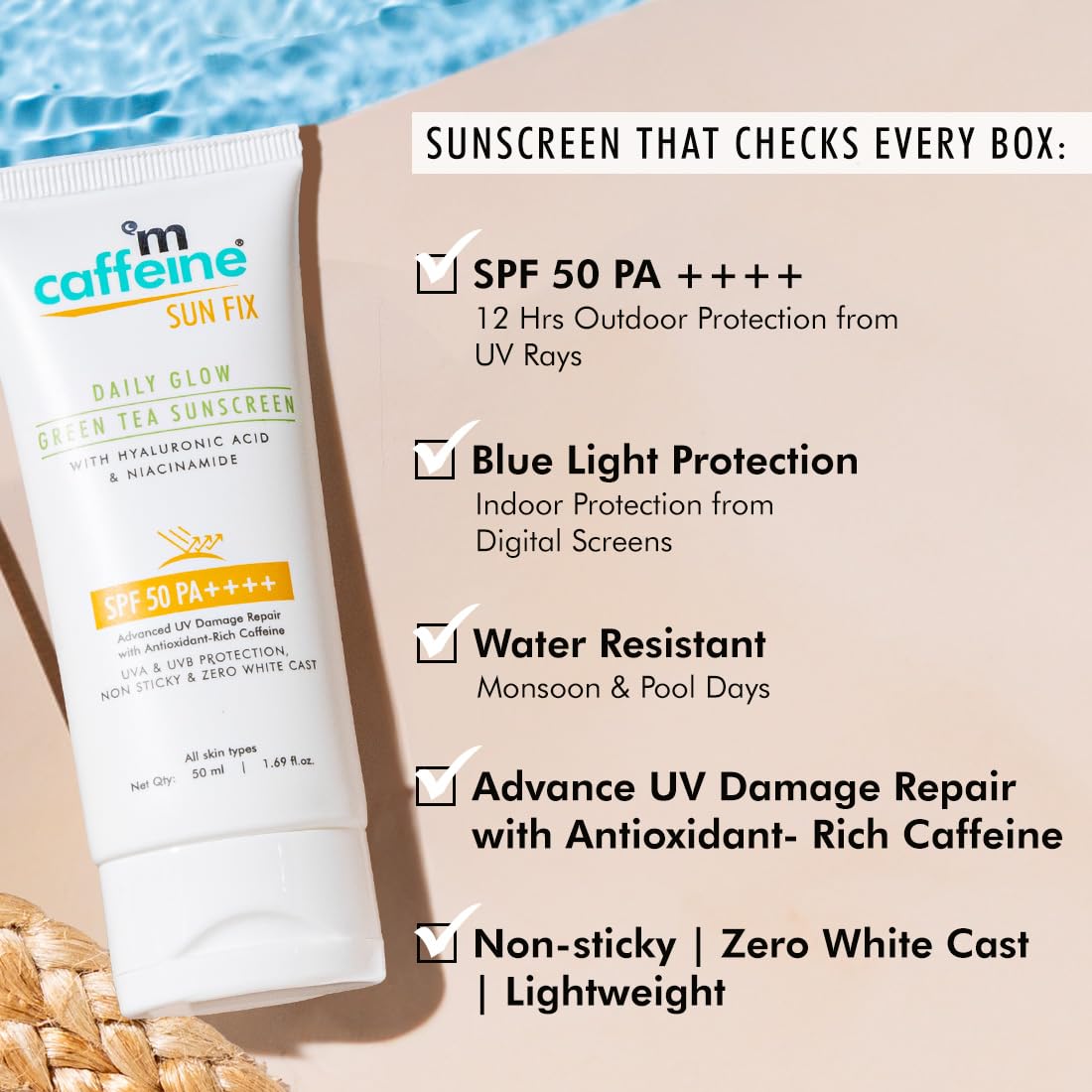 mCaffeine Niacinamide and Hyaluronic Acid Sunscreen SPF 50++ for Oily Skin | Mattifying, Zero White Care, Water Resistant & Non Sticky Sunscreen for Women & Men