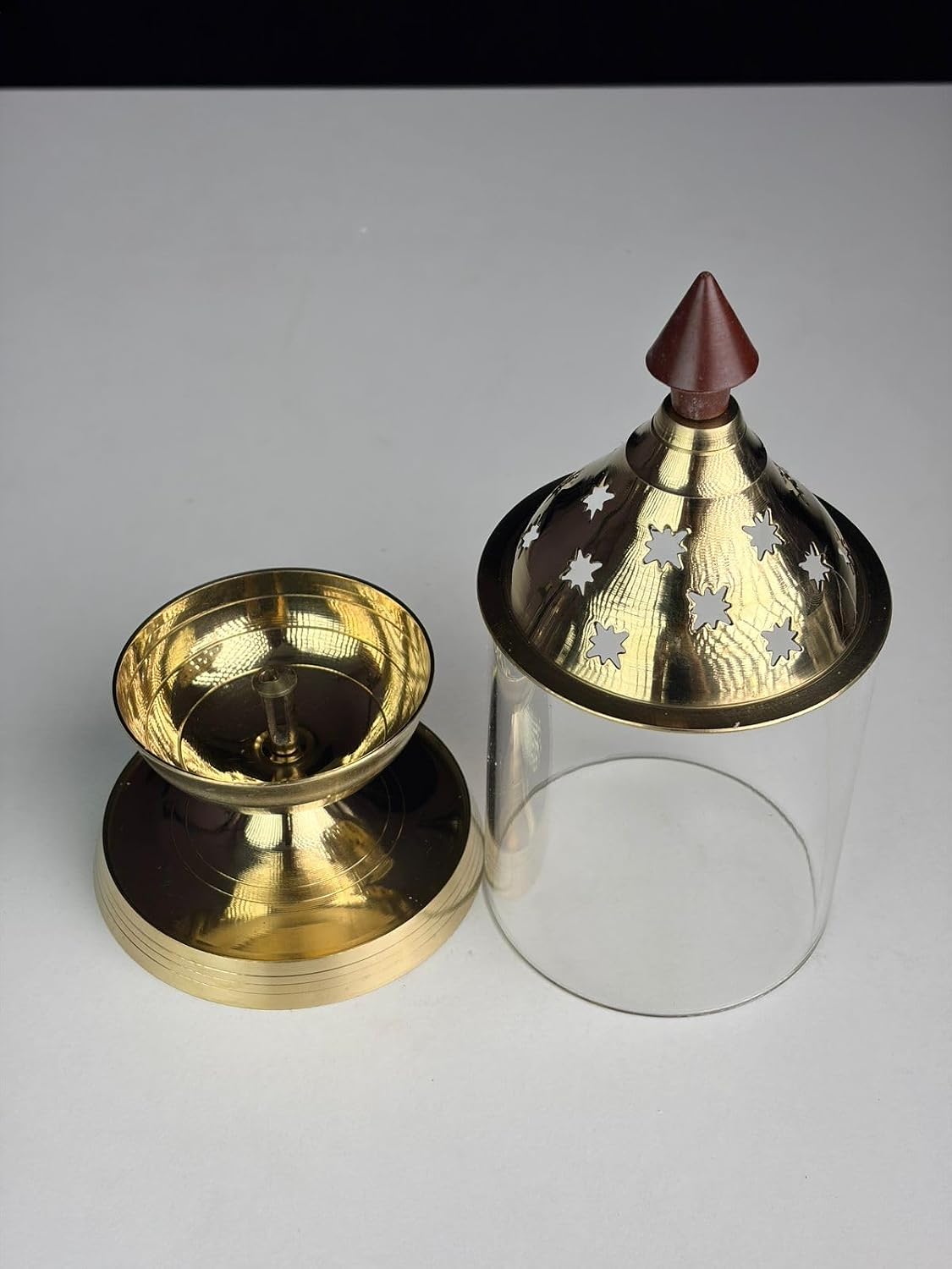 Brass and Glass Akhand Deep Diya with Cover, Oil Lamp for Home Temple Puja, 8 Inch, 400g