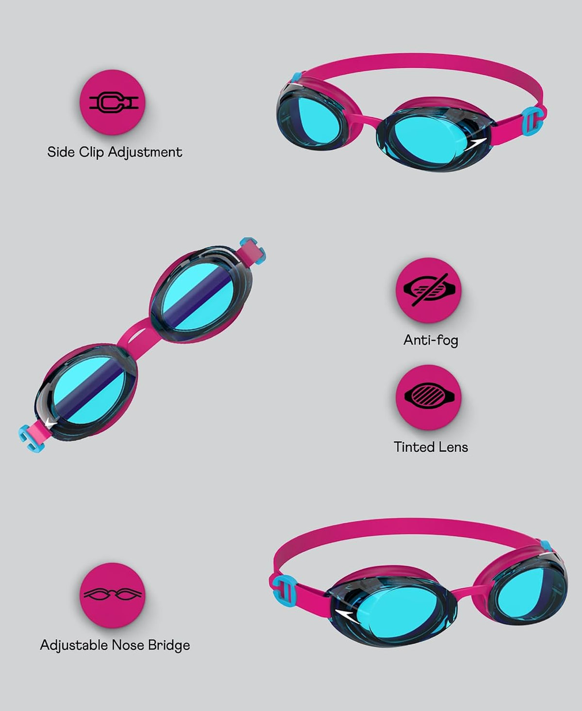 Speedo Unisex Adult Jet 2.0 Anti-Fog UV Protection Swim Goggles | Anti Fog Coated Lens | 100% UV Protection | Adjustable Nose Bridge |Latex Free Pink/Blue One S