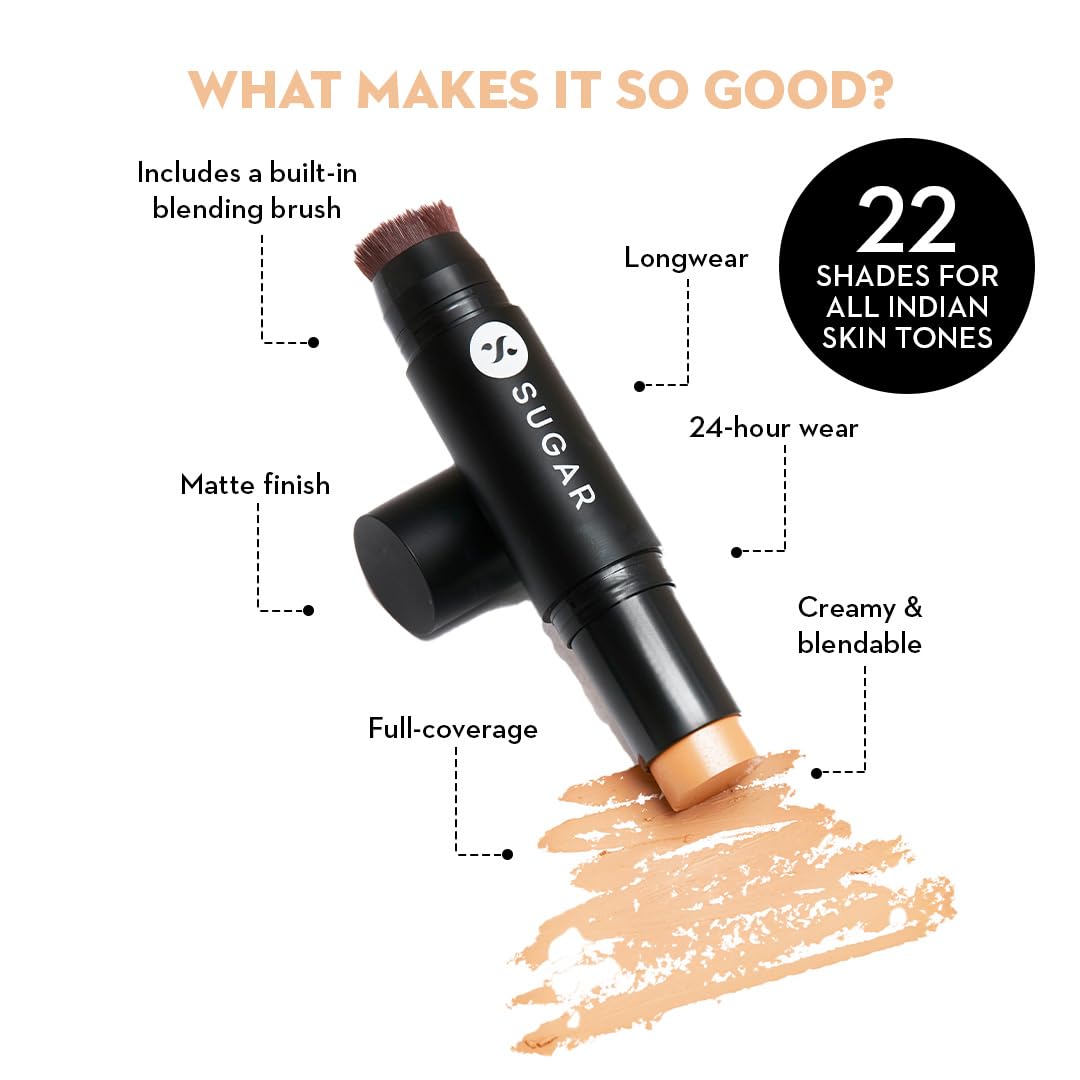 SUGAR Cosmetics Ace Of Face Foundation Stick with In-Built Brush | Full Coverage Cream Foundation for Indian Skin | Matte Finish | Lasts 24 Hours | 12gm - 17 Raf