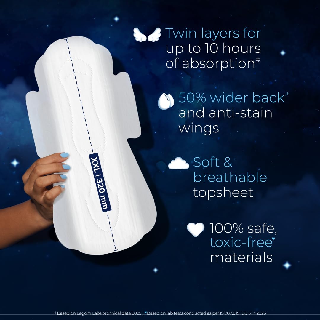 Nua All Night Comfort Sanitary Pads | Pack of 10 (XL++ 320mm) | Twin Layer Protection | 50% Wider Back and Anti Stain Wings | Upto 10 Hours of Absorption | Supe