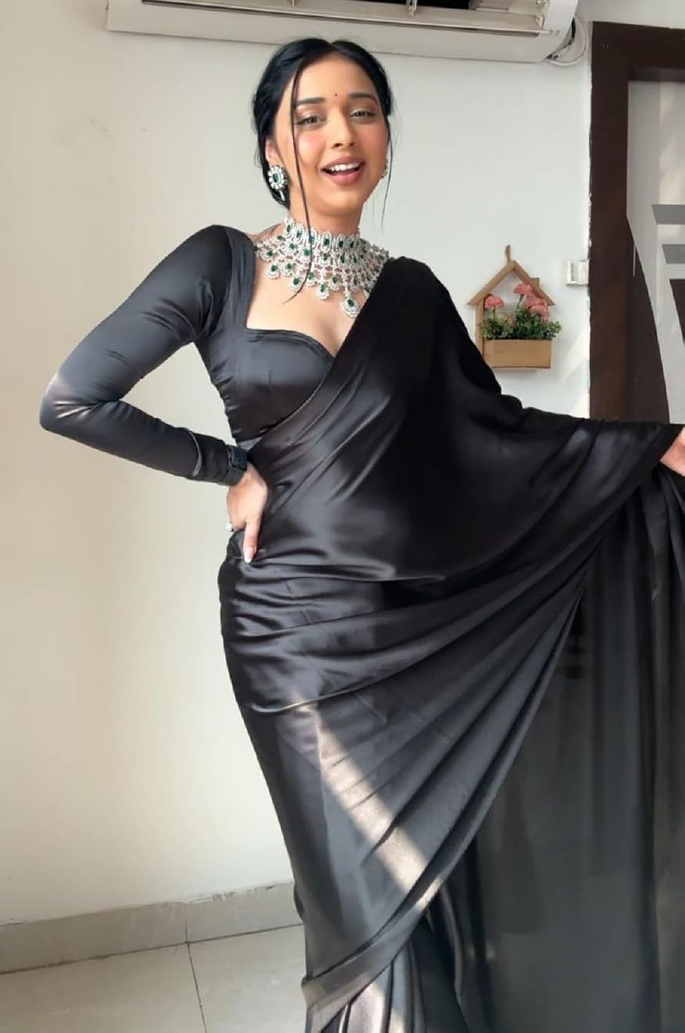 Women's Ready to Wear Plain Satin Silk 1 Minute Pre Pleated Saree With Black Unstitched Blouse Free size Black