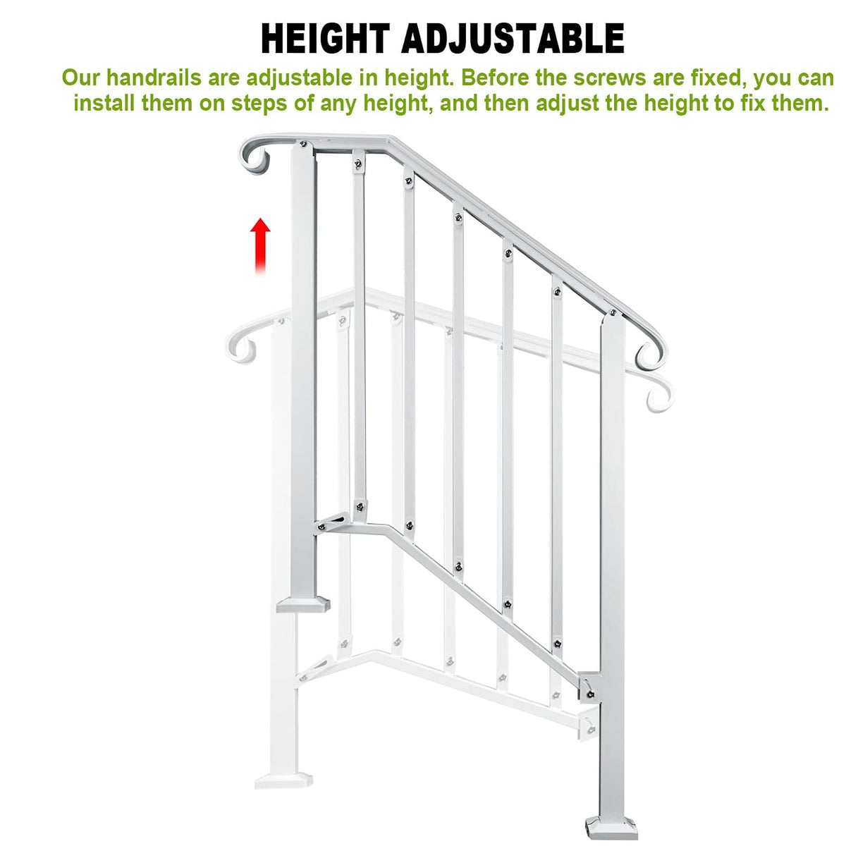 Adjustable Handrails for Outdoor Steps, Handrail Picket #2 Hand Rails for Outdoor 2 or 3 Steps, Mattle Wrought Iron Handrail, Stair Rail with Installation Kit f