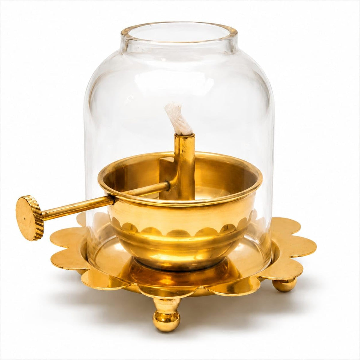 Brass Akhand Jyoti Diya Oil Lamp with Adjustable Bati Knob, Glass Cover Deep for Puja, Deepam Jyot Lamp, 30 ml Oil Capacity, Up to 12 Hours Burning, Brass Pooja