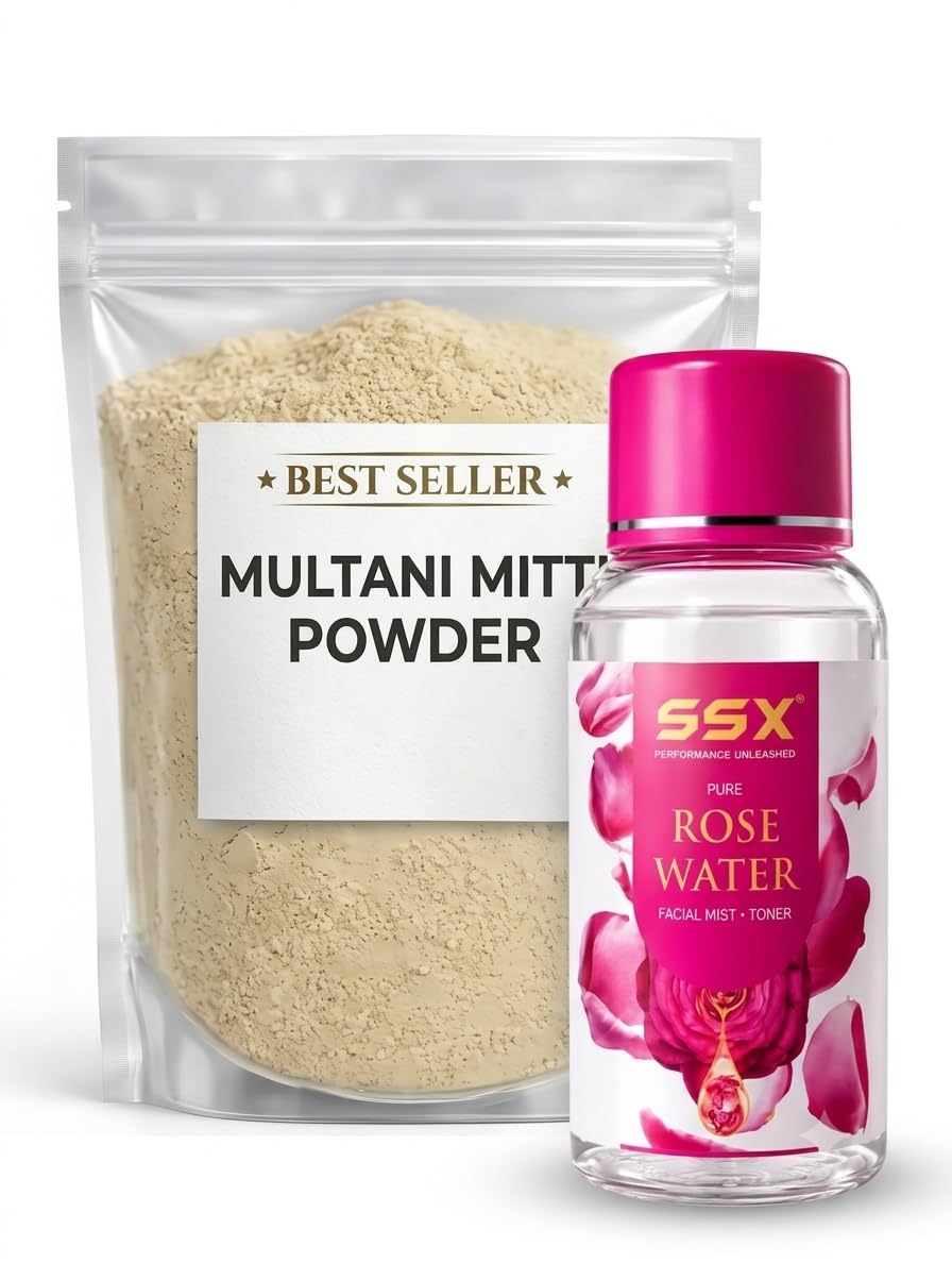 SSX Natural Multani Mitti Powder with Pure Rose Water Combo Pack for Glowing Skin | Face Pack & Facial Mist Toner Kit for Oil Control & Acne