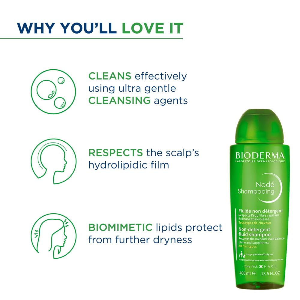Bioderma Node Shampooing - Cleanses, Respects and Protects | Daily Use Gentle Clarifying Water-Based Shampoo | SLS Free, 400ml