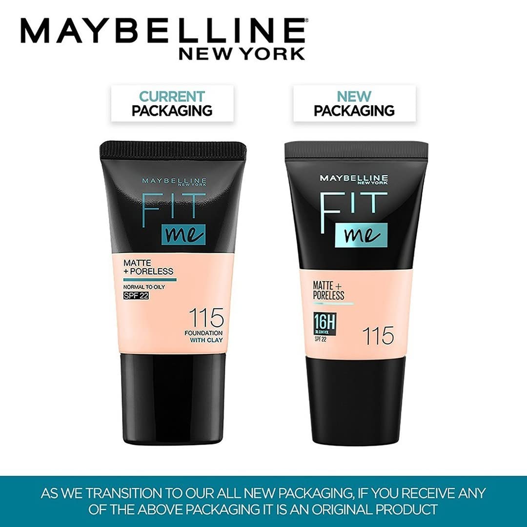 Maybelline New York Liquid Foundation, Matte & Poreless, Full Coverage Blendable Normal to Oily Skin, Fit Me, 115 Ivory, 18ml (Pack of 2)