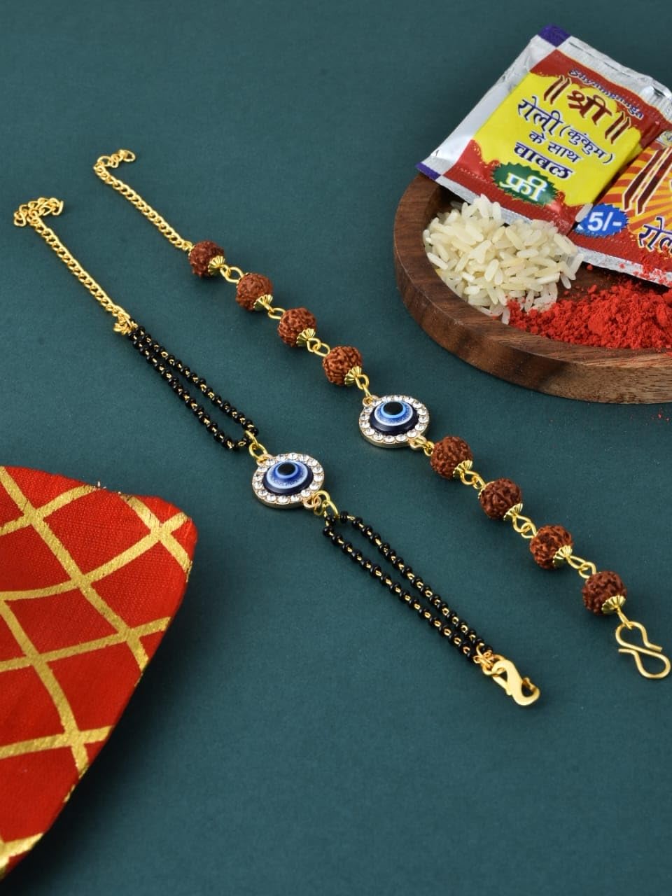 Kalakriti Handmade Rakhi for Brother and Bhabhi Combo Set of 2 With Designer Kundan Lumba Bracelet for Bhabhi With Roli Chawal, Raksha Bandhan Greeting Card and