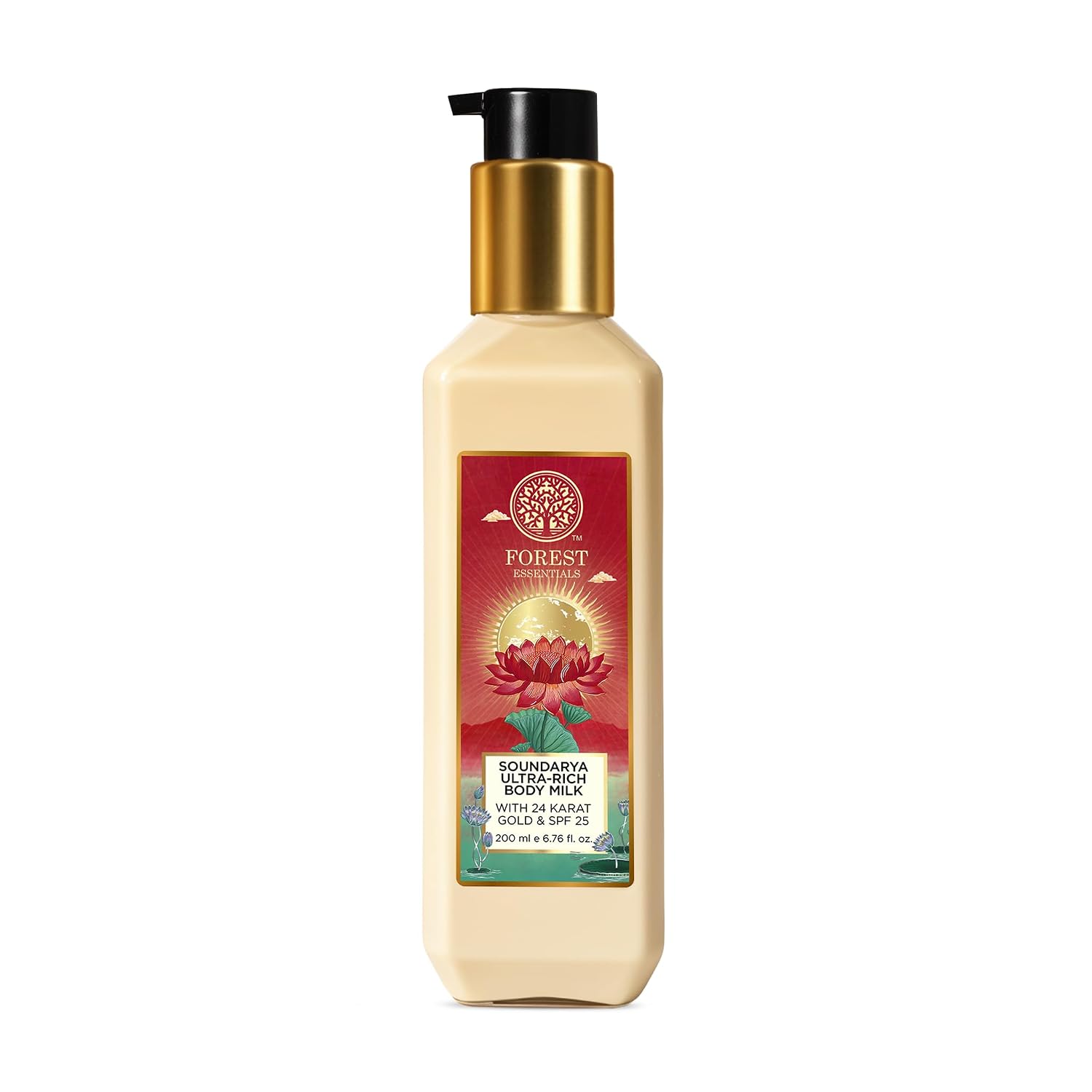 Forest Essentials Ultra Rich Body Milk Soundarya With 24K Gold & SPF25 | Ayurvedic Body Lotion with SPF | Tan Removal Natural Body Moisturizer, UVA & UVB Protection, Paraben Free | 200 ml