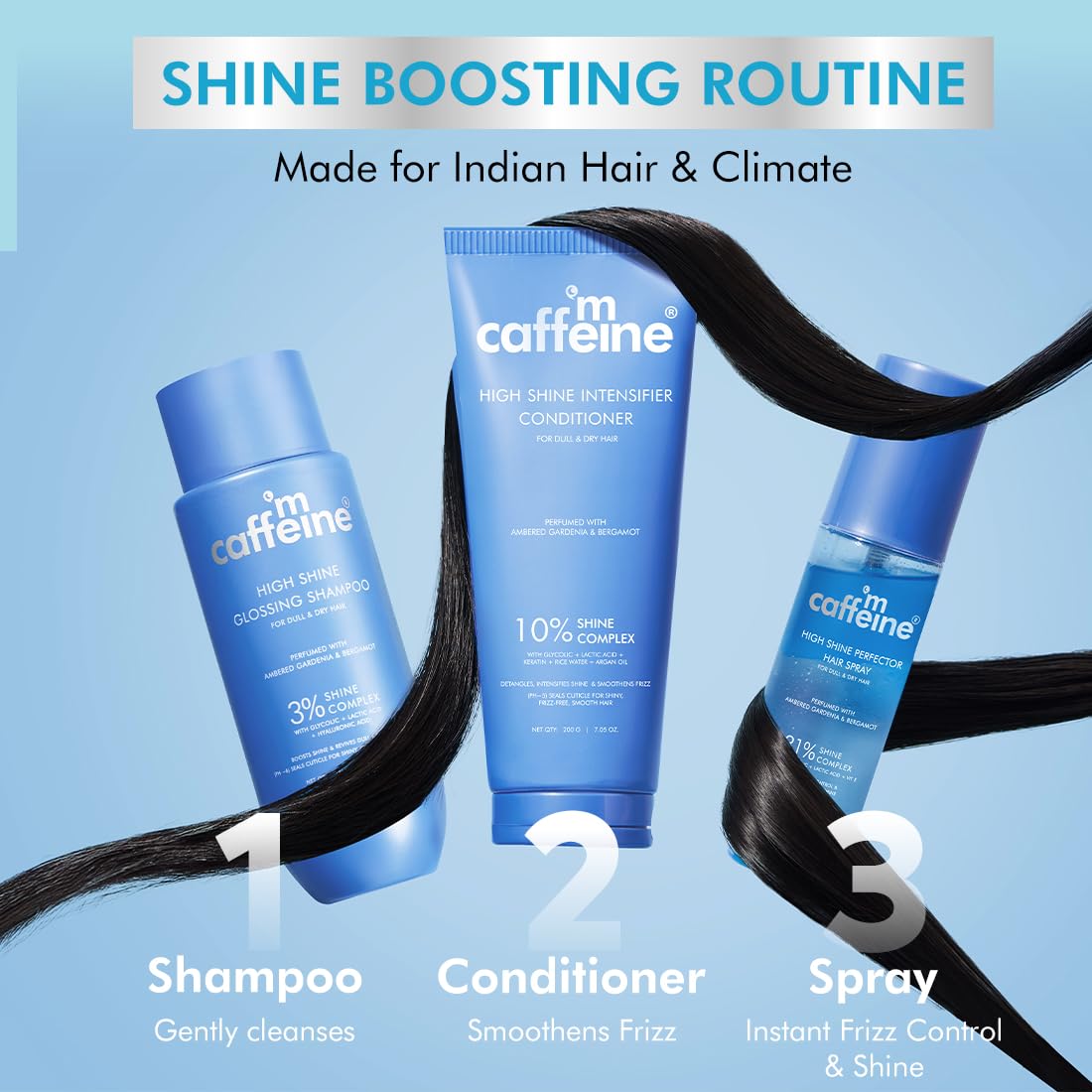 mCaffeine High Shine Glossy Hair Shampoo For Dull, Dry & Frizzy Hair | 3% Shine Complex - With Glycolic Acid & Hyaluronic Acid | 48 Hr Frizz Control | Fresh Flo