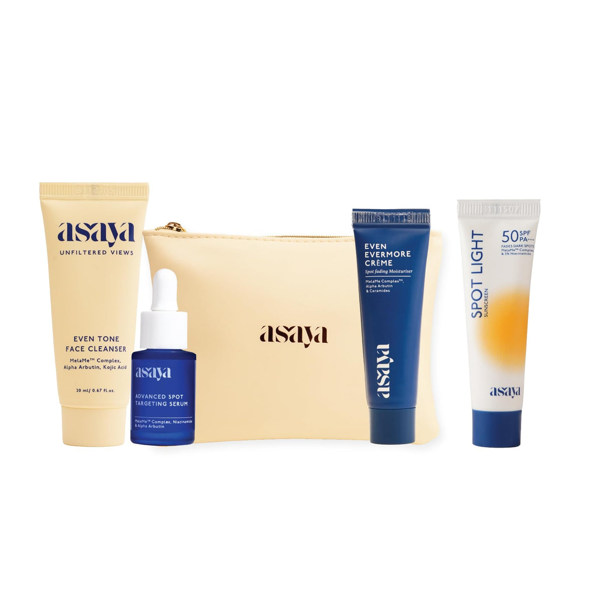 Asaya Travel Kit | Gift for Women | With Free Travel Pouch Bag | Face Wash Cleanser, Serum, Moisturizer & Sunscreen (CSMS Combo) | Melame™ Complex, Alpha Arbuti