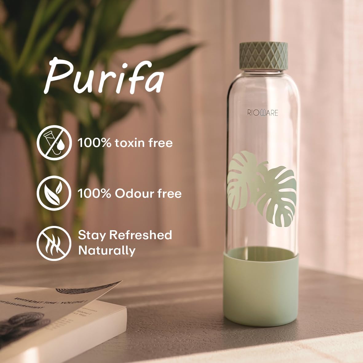 Rioware® Purifa Pro Borosilicate Glass Water Bottle With Silicon Sleeve (750Ml) | Airtight Lid | Leak Proof | Silicon Cap | Fridge Water Bottles For Home, Offic