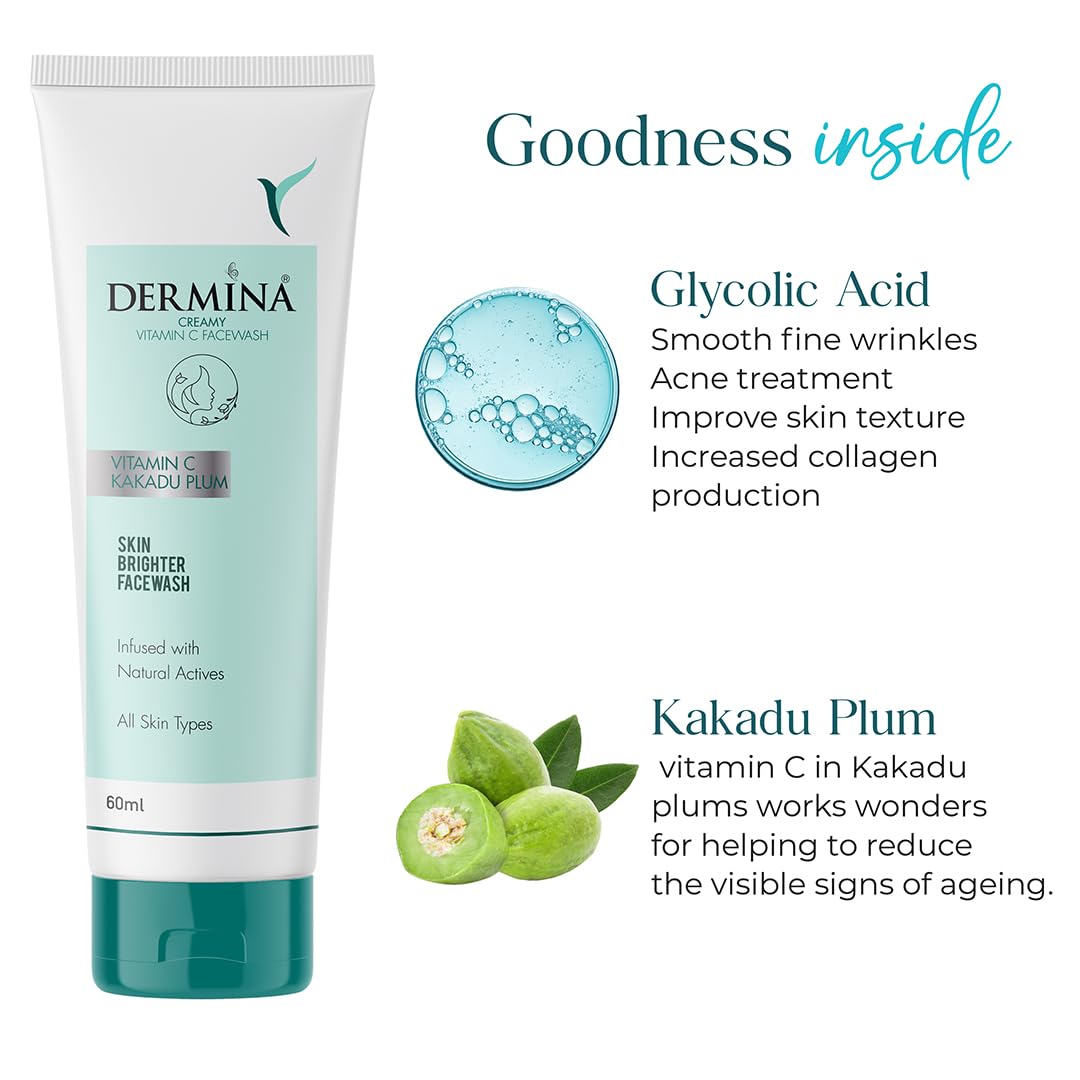 DERMINA Creamy Vitamin C Face Wash with Kakadu Plum for Clean & Glowing Skin | Oil Free Skin & Instant Glow | For All Skin Types | Women & Men | Pack of 2 | 60