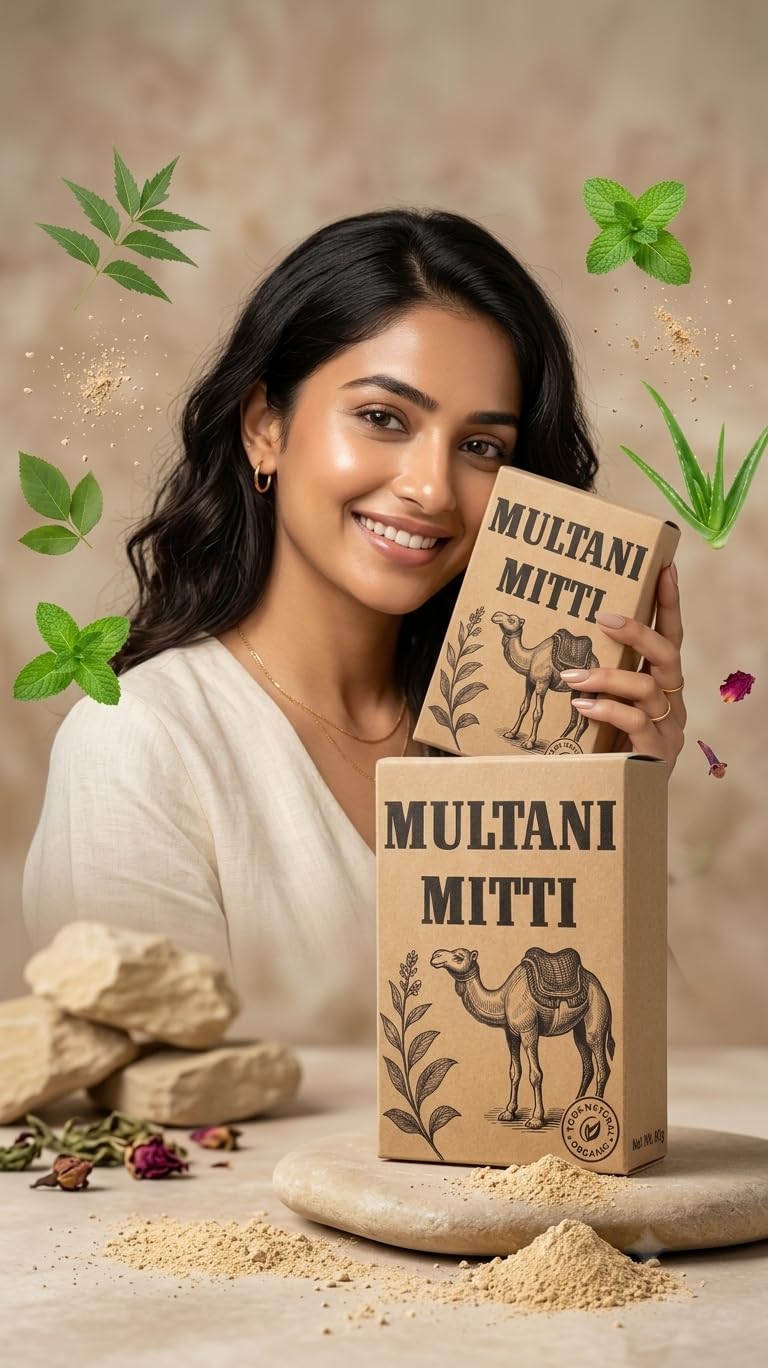 Natural Multani Mitti Powder 80g (Buy 1) - (Get 1 Free) | Total Net Weight 160g | 100% Pure Fuller's Earth Face Pack for Glowing Skin, Oil Control, Tan Removal