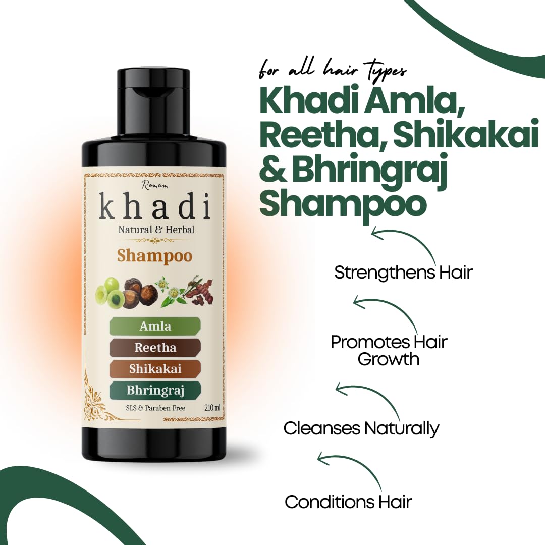 Khadi Natural Amla Reetha Shikakai Bhringraj Shampoo | Herbal Hair Strength & Scalp Nourishment | Khadi Natural Shampoo for Women & Men | Sulfate, SLS & Paraben