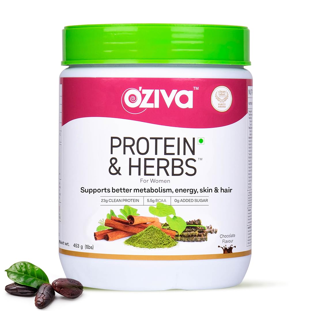 OZiva Protein & Herbs for Women, Green Tea, Tangy Amla & Chocolate, 453g