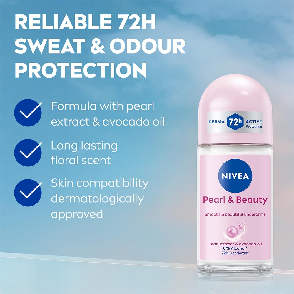NIVEA Pearl and Beauty 50ml Deo Underarm Roll On | With Pearl Extracts & Avocado Oil | 72 H Long Lasting Floral Scent | 0% Alcohol and Dermat Approved | For Wom
