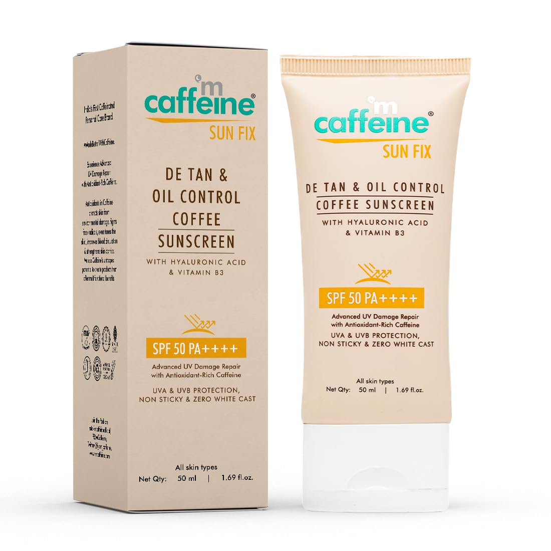 mCaffeine Matte Sunscreen SPF 50 for Men & Women | Lightweight, Water Resistant, Zero White Cast | Sun Protect, Prevents Tan & Repairs UV Damage | All Skin Type