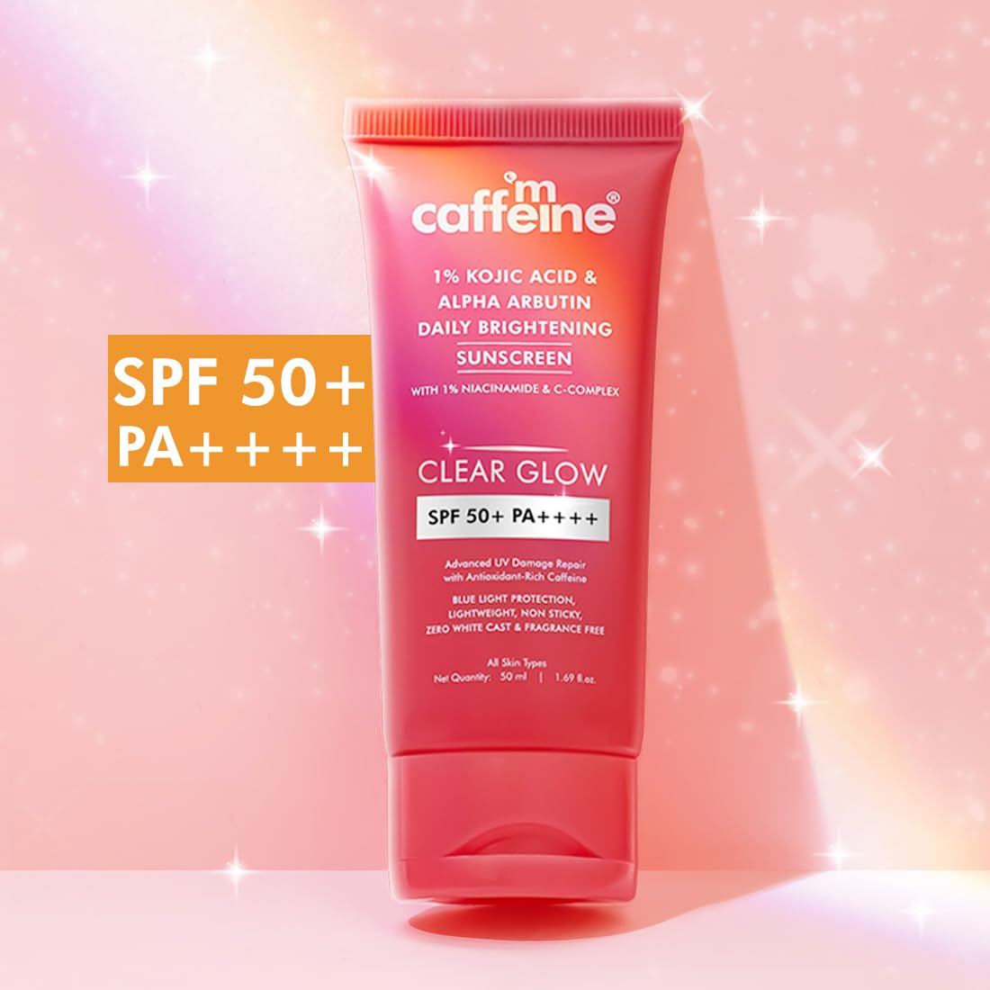 mCaffeine CLEAR GLOW 1% Kojic Acid & Alpha Arbutin Brightening Sunscreen SPF 50 PA++++ |Niacinamide-Dark Spots & Pigmentation| UVA-B Sun Protection|For Men & Wo