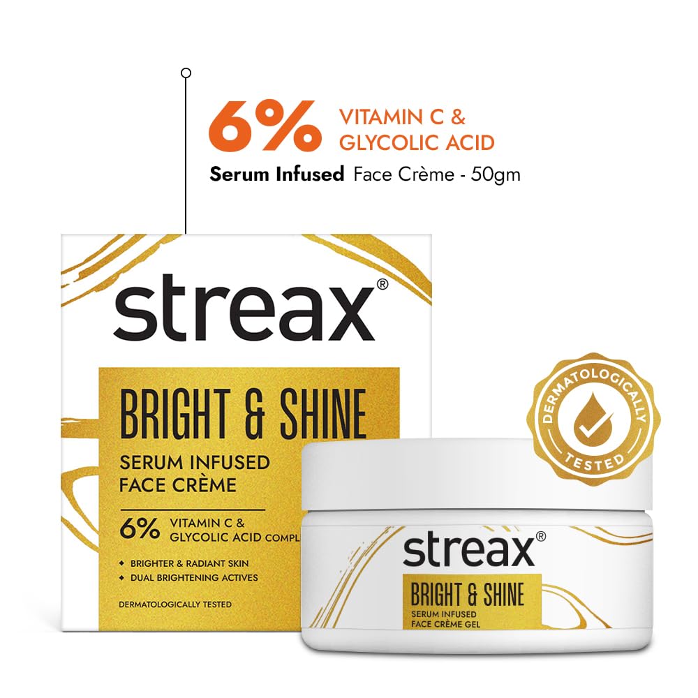 Streax Bright & Shine Serum Infused Face Cream Gel, 50 gm with 6% Vitamin C & Glycolic Acid