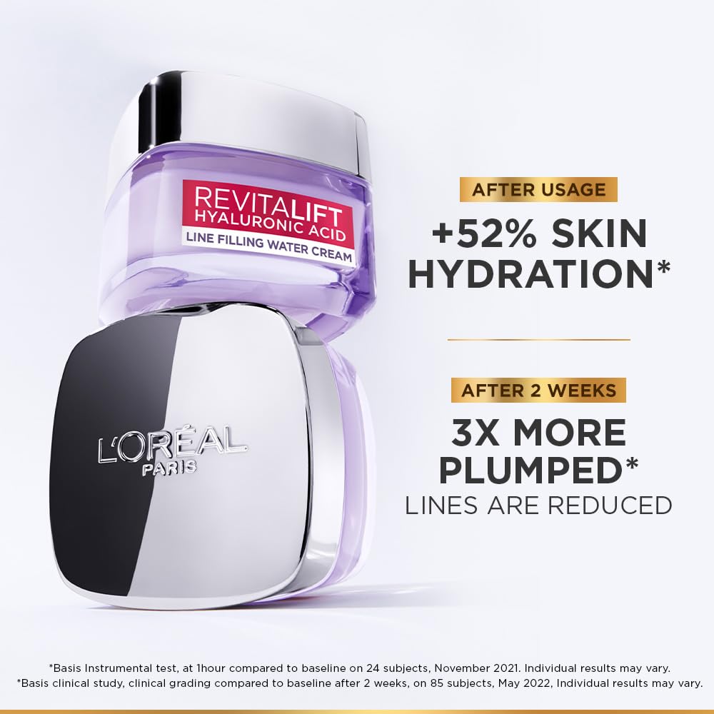L'Oréal Paris Hyaluronic Acid Line Filling Water Cream, Moisturiser, Hyaluronic Acid for Hydration, Replumps Skin, Ceramides for Skin Barrier Repair, Reduces Fine Lines, 50ml