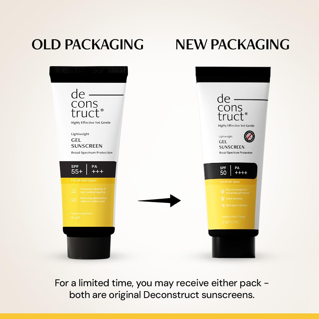 Deconstruct Gel Sunscreen for Oily skin SPF 50 PA++++ |100% Photostable Sunscreen |4 New Gen UV Filters |In-Vivo |Lightweight, Airy, Non-greasy |For oily, combination, normal skin |For Men & Women 50g