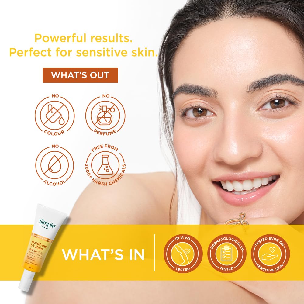 Simple Mattifying UV Fluid |SPF 50 PA++++ | With Niacinamide & GlutaAmino Technology| Sunscreen for Oily Skin & Dark Spots |Ultra Lightweight & Non-Sticky | UVA