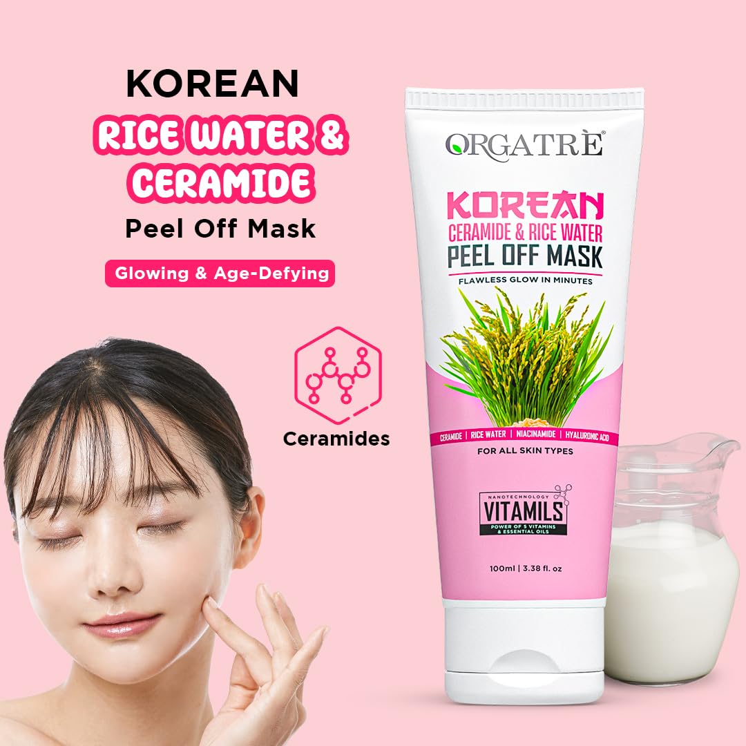 Orgatre Korean Peel Off Mask with Ceramide & Rice Water | Brightening & Hydrating Face Mask | Removes Blackheads, Dead Skin & Tan | For Glassy & Radiant Skin |