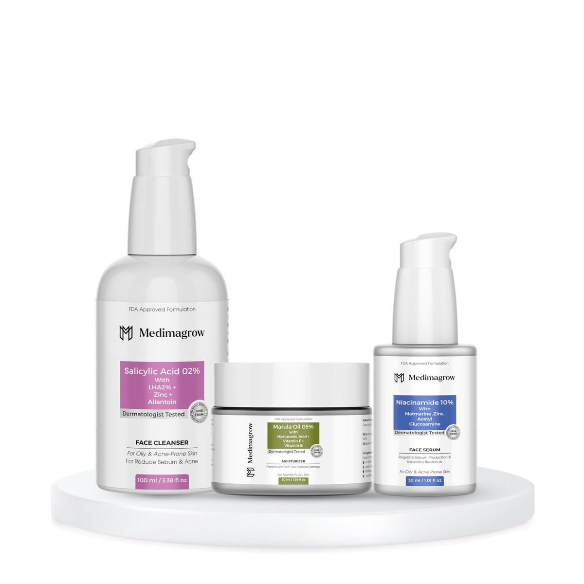 Skincare Kit with Salicylic Acid Cleanser, Niacinamide Serum, Marula Oil Moisturiser, 3-Step Routine