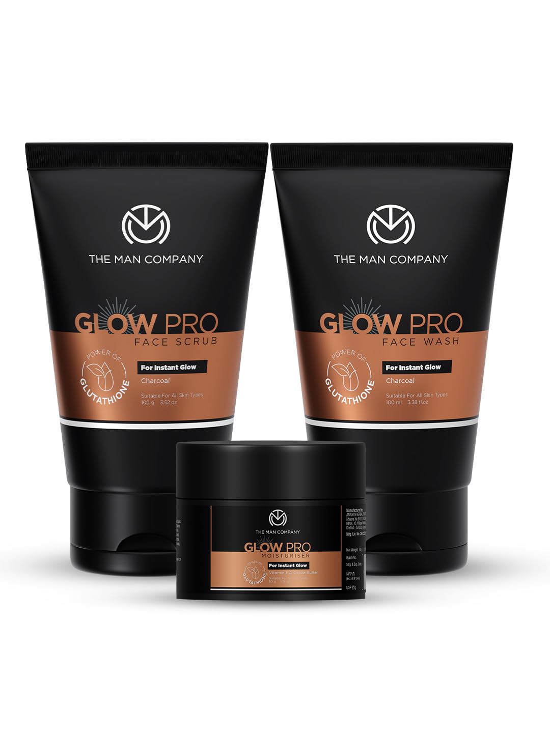 The Man Company Glow Pro Face Care Kit | Face Wash, Face Scrub & Moisturising Face Cream | Cleanses, Exfoliates & Moisturises | Charcoal, Glutathione, Cocoa But