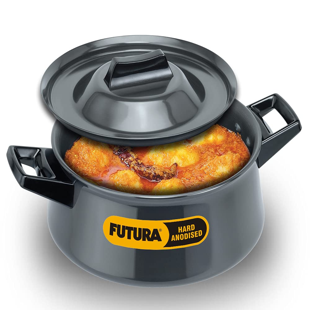 Hawkins Futura 3 Litre Handi, Hard Anodised Sauce Pan and Lid, Saucepan with Two Short Handles, Biryani Handi, Black (AH3S), Aluminium 3 Litres 2 Short Handles