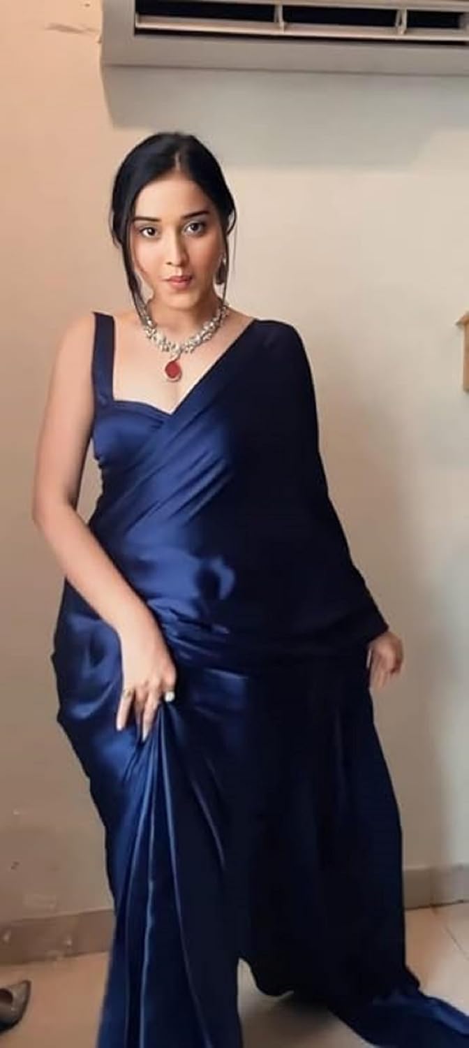 Women's Ready to Wear Plain Satin Silk 1 Minute Pre Pleated Saree With Unstitched Blouse Free size Navy Blue