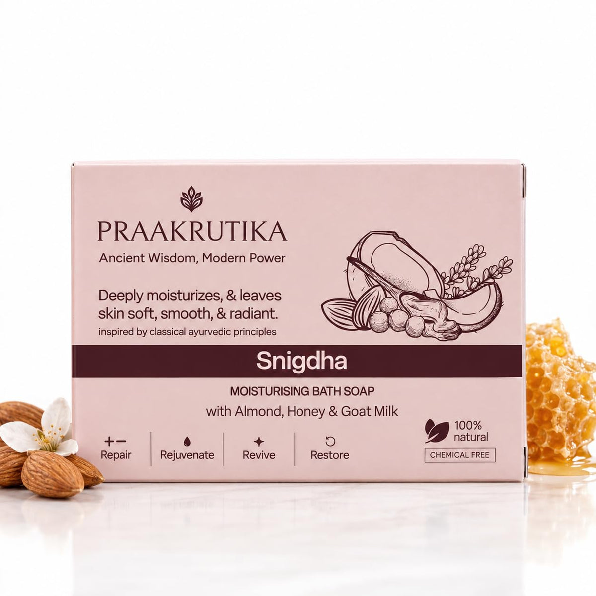 Snigdha Natural Moisturising Bath Soap with Almond, Honey, Goat Milk, Shea Butter & Kesar - 100% Chemical Free Ayurvedic Organic Soap for Dry Skin & Glowing Rad