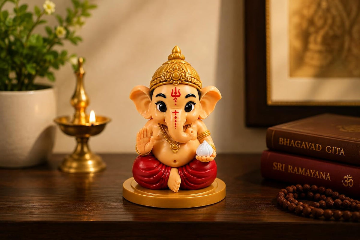 VASPAR Cute Baby Ganesha Idol for Car Dashboard | Premium Lord Ganesh Murti | Mini Ganpati Statue for Home Decor, Office Desk & Pooja Room | Spiritual Gift | Re