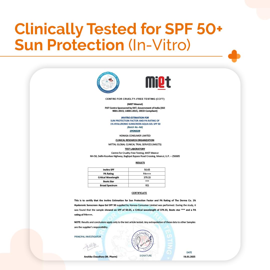 The Derma Co 1% Hyaluronic Sunscreen Aqua Gel SPF 50 PA++++ | Hydrating, Lightweight & Non-Greasy | No White Cast | Broad Spectrum & Blue Light Protection | Clinically Tested - (In-Vivo) | 125 g
