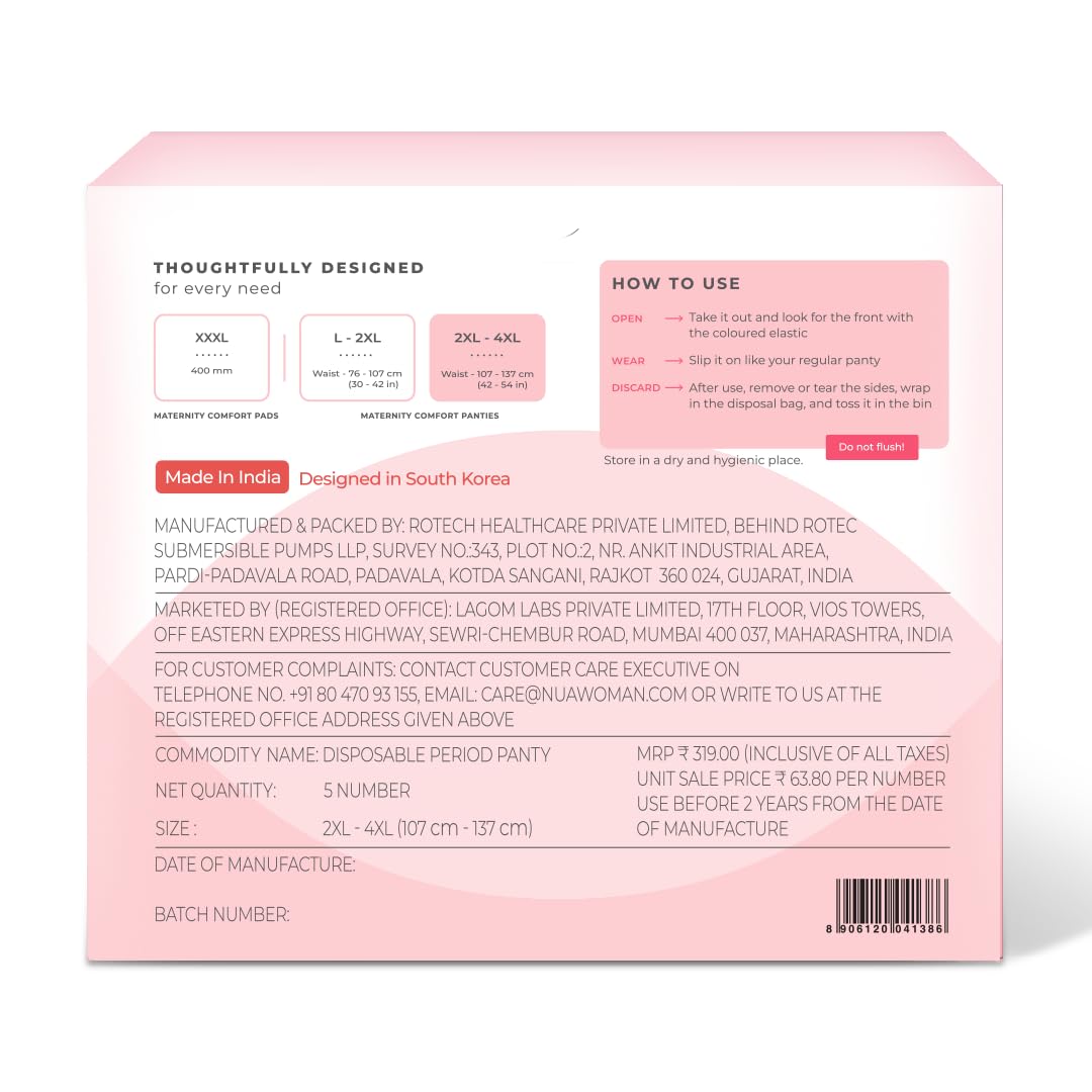 Nua 360° Comfort Maternity Panties 2XL-4XL (38-54 INCHES) | Pack of 5 | For Postpartum Bleeding and Clots | Absorbs Heavy Gushes | Zero Irritation | 4x Comfort