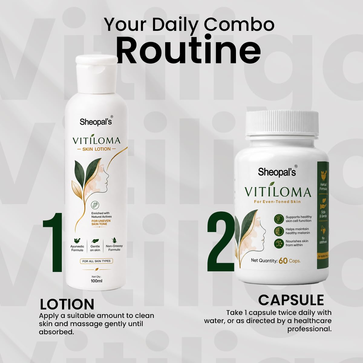 Sheopal's Vitiloma Combo | Skin Lotion & Capsules for Healthy-Looking Skin Tone | White Patches, Discoloration of Scar Removal, Piebald, for men and women ((Com