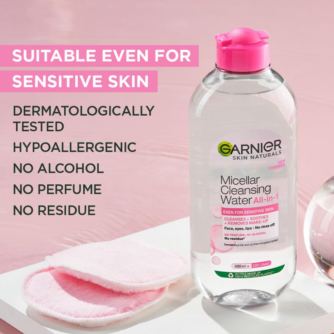 Garnier Micellar Cleansing Water For Sensitive Skin | Make-Up Remover & Cleanser - Removes makeup, dirt & impurities & Hydrates Skin | Just Pour, Press & Swipe | 400ml